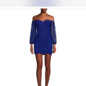 B Darlin Blue Ruched Bodycon Dress with Bishop Sleeves